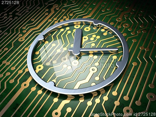 Image of Timeline concept: Clock on circuit board background