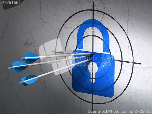 Image of Information concept: arrows in Closed Padlock target on wall background