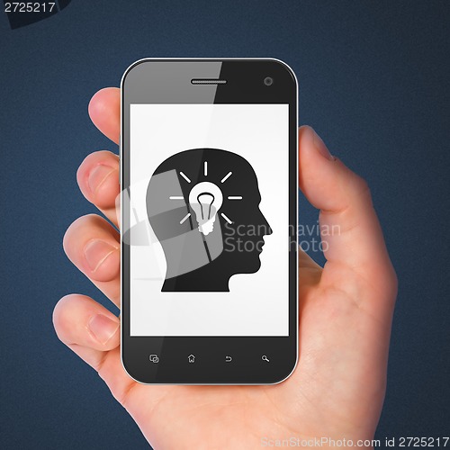Image of Data concept: Head With Light Bulb on smartphone