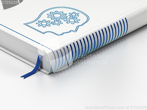Image of Marketing concept: closed book, Head With Gears on white background