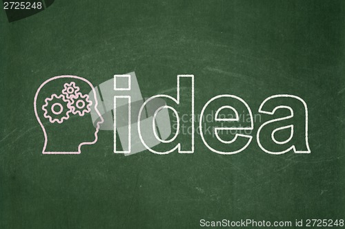 Image of Marketing concept: Head With Gears and Idea on chalkboard background