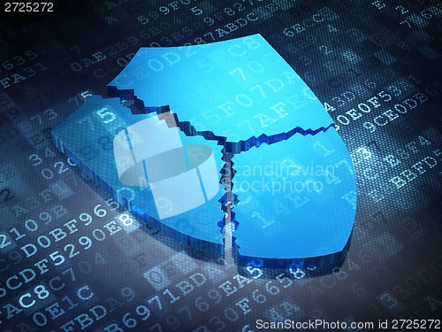 Image of Protection concept: Blue Broken Shield on digital background