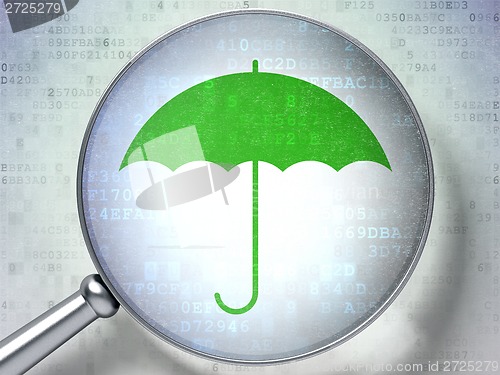 Image of Security concept: Umbrella with optical glass on digital background