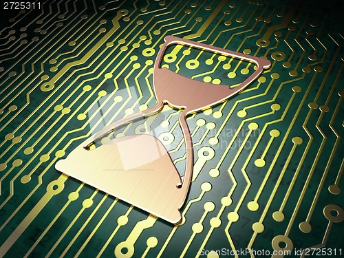 Image of Timeline concept: Hourglass on circuit board background