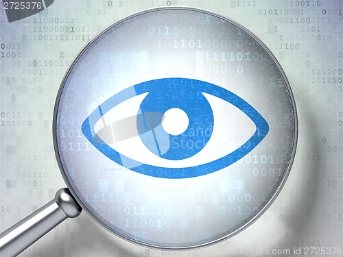 Image of Safety concept: Eye with optical glass on digital background