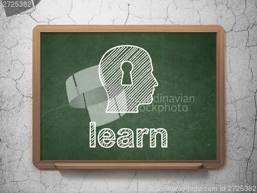 Image of Education concept: Head With Keyhole and Learn on chalkboard background