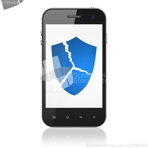 Image of Security concept: Broken Shield on smartphone