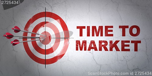 Image of Time concept: target and Time to Market on wall background
