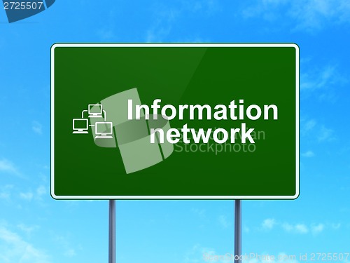 Image of Information Network and Lan Computer on road sign background