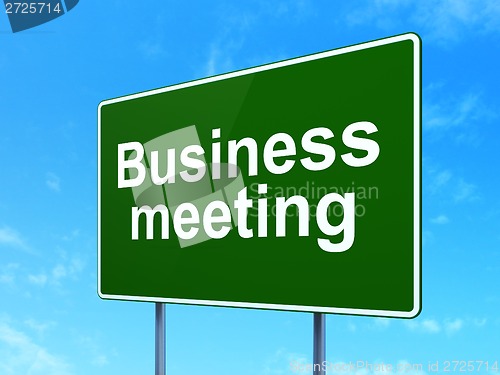 Image of Finance concept: Business Meeting on road sign background