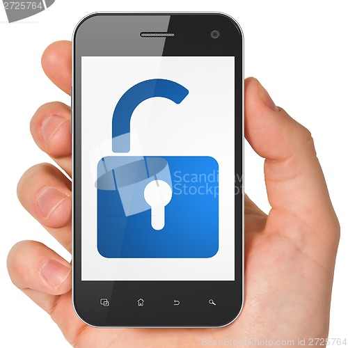 Image of Information concept: Opened Padlock on smartphone