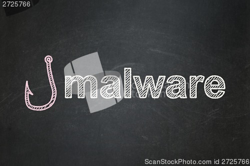 Image of Protection concept: Fishing Hook and Malware on chalkboard background