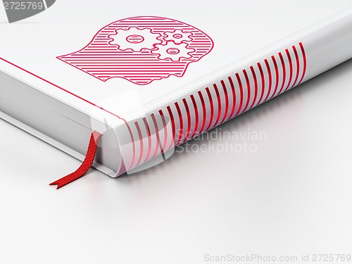 Image of Education concept: closed book, Head With Gears on white background