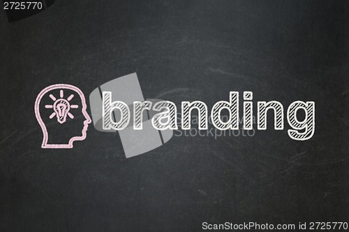 Image of Advertising concept: Head With Lightbulb and Branding on chalkboard background