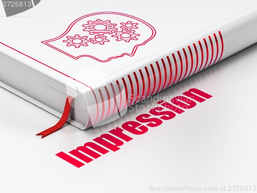 Image of Advertising concept: book Head With Gears, Impression on white background