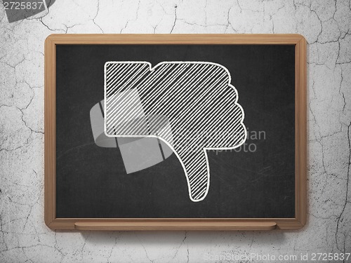 Image of Social media concept: Thumb Down on chalkboard background