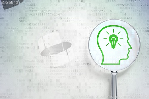Image of Marketing concept:  Head With Lightbulb optical glass on digital background