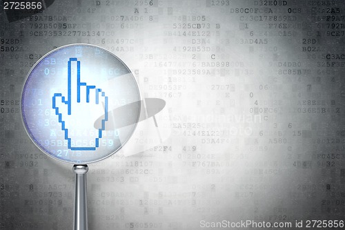 Image of Marketing concept:  Mouse Cursor with optical glass on digital background