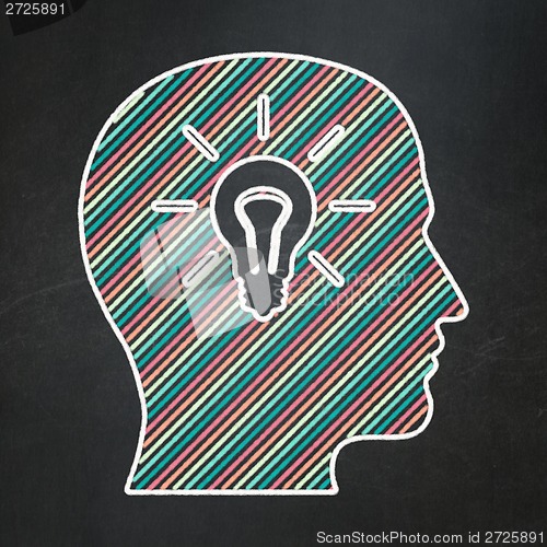 Image of Marketing concept: Head With Light Bulb on chalkboard background