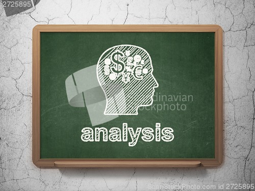 Image of Advertising concept: Head With Finance Symbol and Analysis on chalkboard