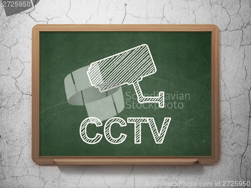 Image of Security concept: Camera and CCTV on chalkboard background