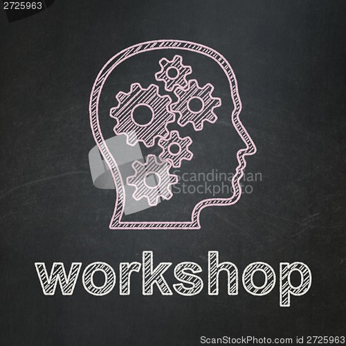 Image of Education concept: Head With Gears and Workshop on chalkboard background