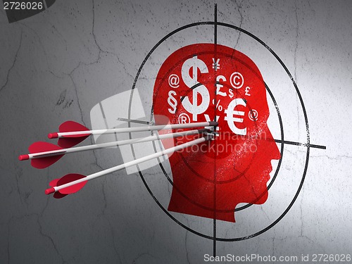 Image of Education concept: arrows in Head With Finance Symbol target on wall background