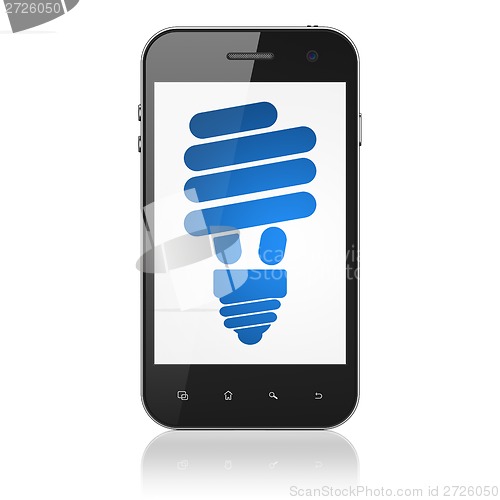 Image of Finance concept: Energy Saving Lamp on smartphone