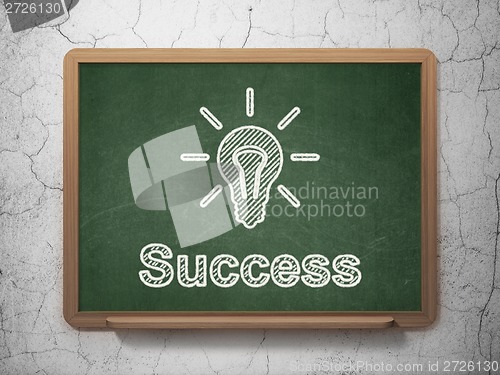 Image of Finance concept: Light Bulb and Success on chalkboard background