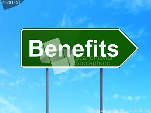 Image of Finance concept: Benefits on road sign background