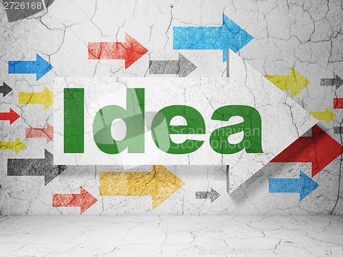 Image of Advertising concept: arrow with Idea on grunge wall background