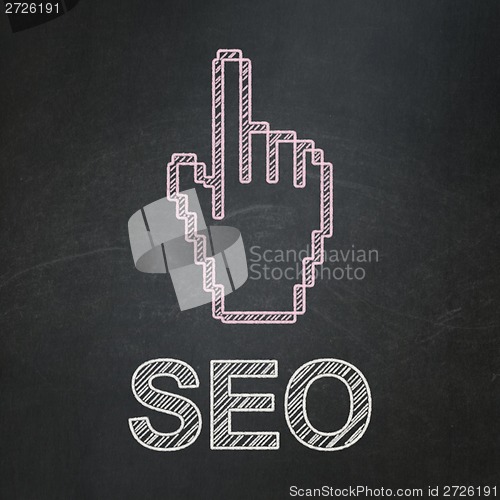 Image of Web development concept: Mouse Cursor and SEO on chalkboard background