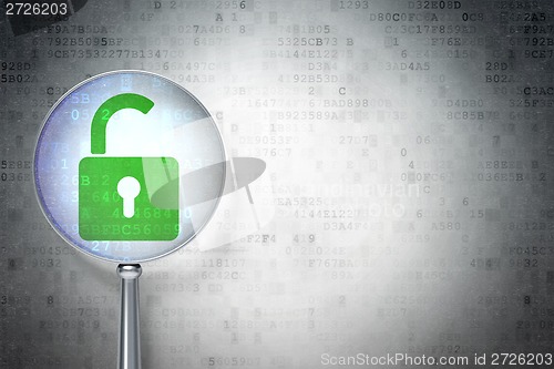 Image of Information concept:  Opened Padlock with optical glass on digital background