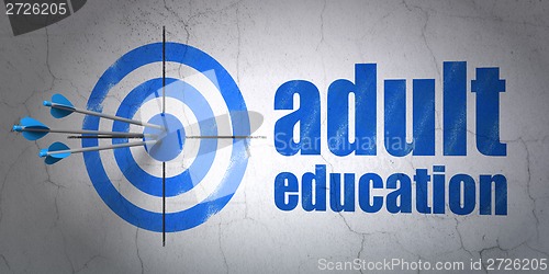 Image of Education concept: target and Adult Education on wall background