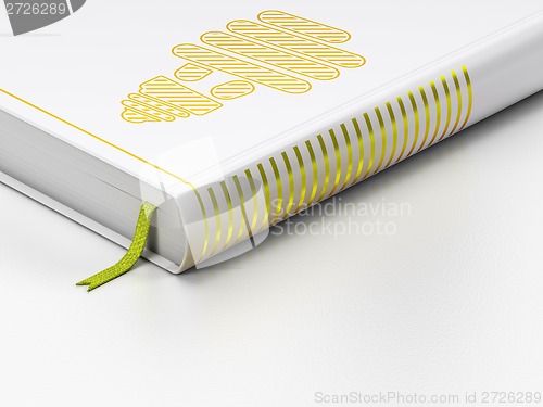 Image of Finance concept: closed book, Energy Saving Lamp on white background