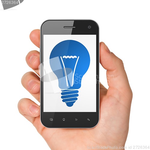 Image of Finance concept: Light Bulb on smartphone