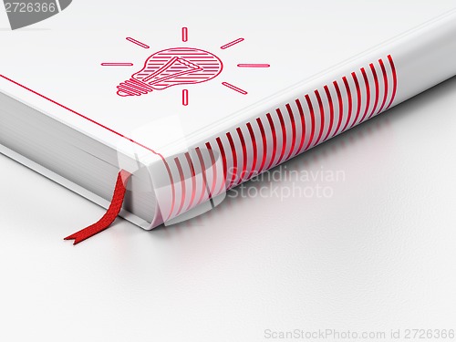 Image of Finance concept: closed book, Light Bulb on white background