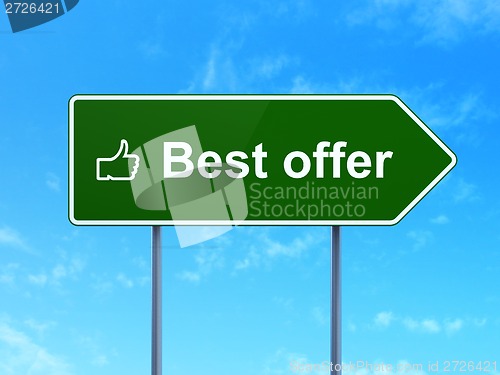 Image of Business concept: Best Offer and Thumb Up on road sign background