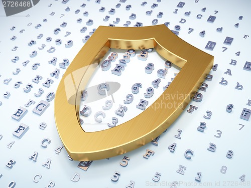 Image of Privacy concept: Golden Contoured Shield on digital background