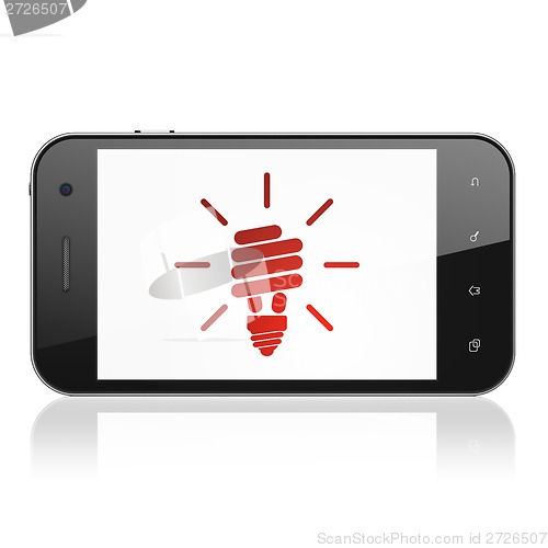 Image of Business concept: Energy Saving Lamp on smartphone