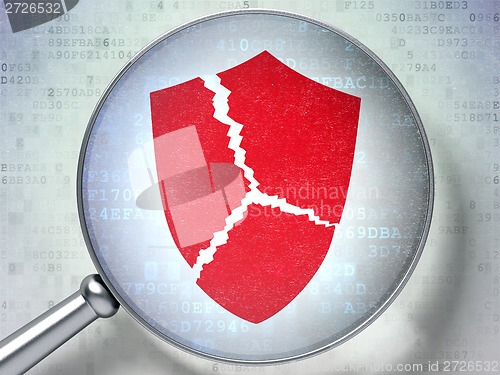 Image of Safety concept: Broken Shield with optical glass on digital background