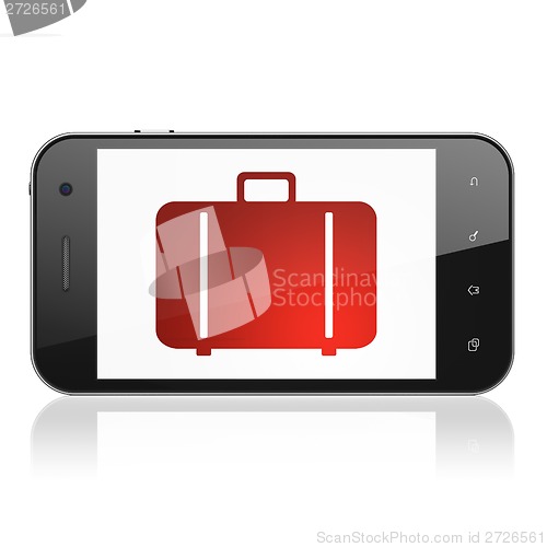 Image of Travel concept: Bag on smartphone