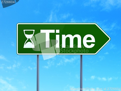 Image of Timeline concept: Time and Hourglass on road sign background