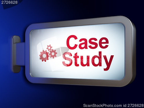 Image of Education concept: Case Study and Gears on billboard background