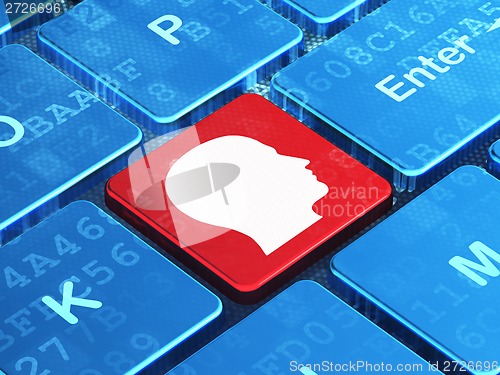 Image of Education concept: Head on computer keyboard background