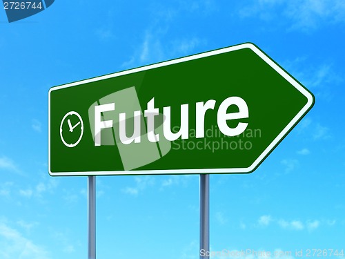 Image of Time concept: Future and Clock on road sign background