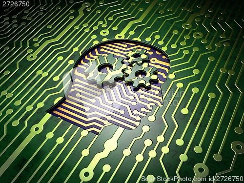 Image of Data concept: Head With Gears on circuit board background