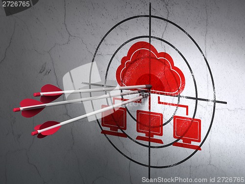 Image of Computing concept: arrows in Cloud Network target on wall background