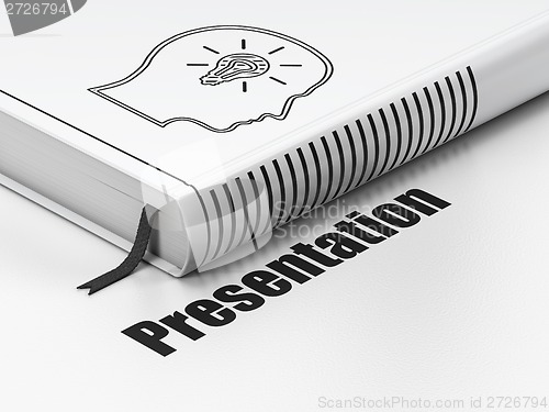 Image of Advertising concept: book Head With Lightbulb, Presentation on white background