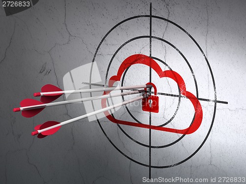 Image of Cloud technology concept: arrows in Cloud With Padlock target on wall background